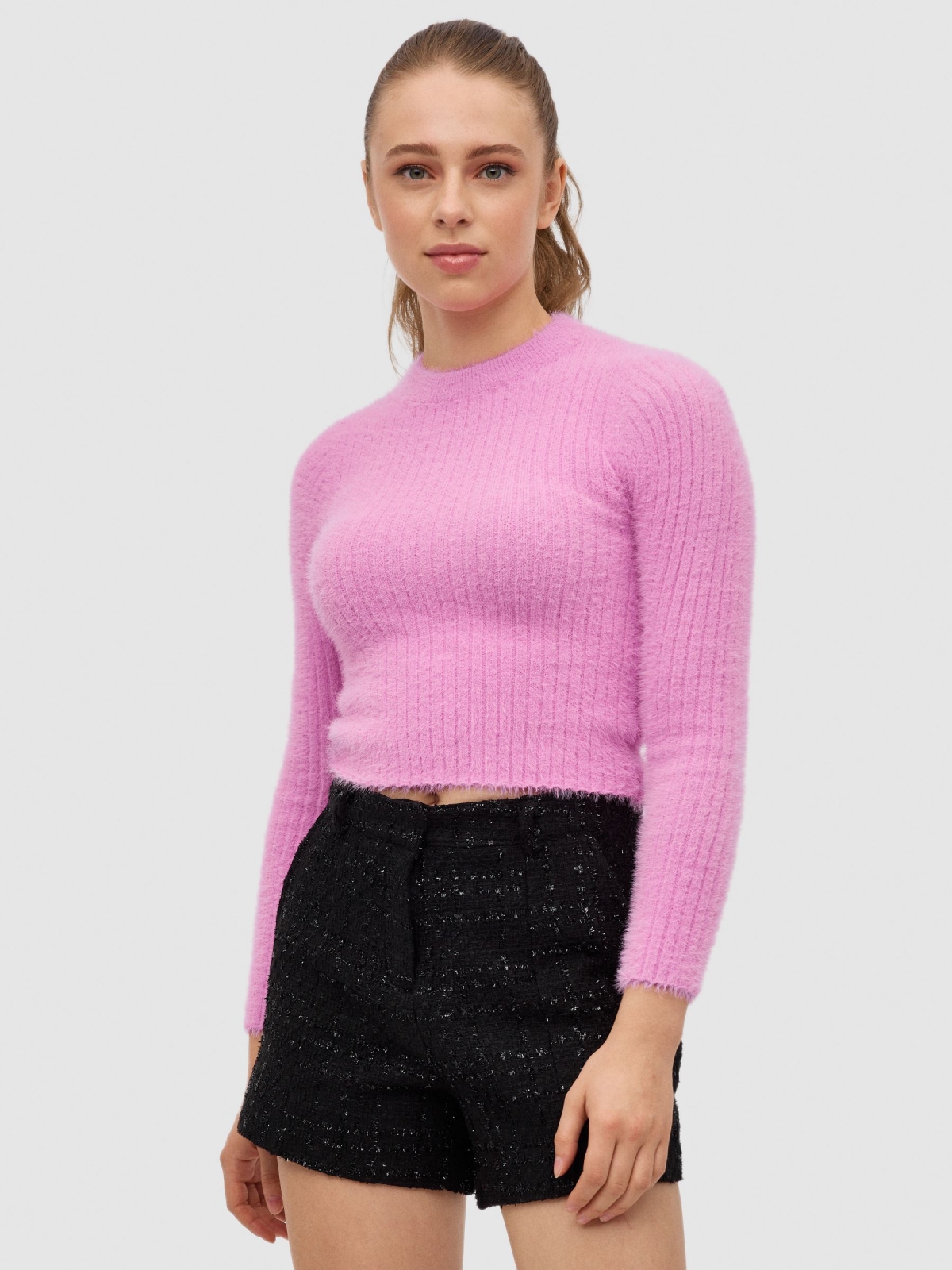 Jersey slim de punto rosa vista media frontal