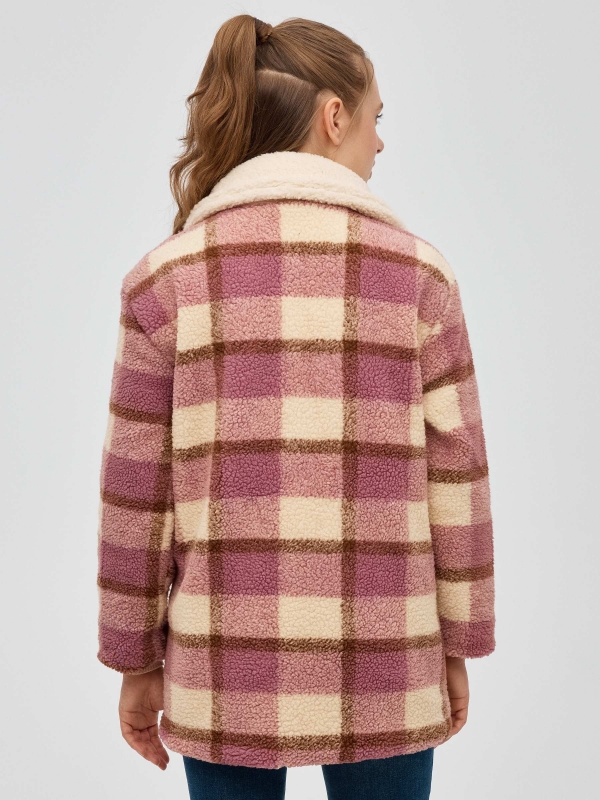 Checked print sheepskin jacket light pink middle back view