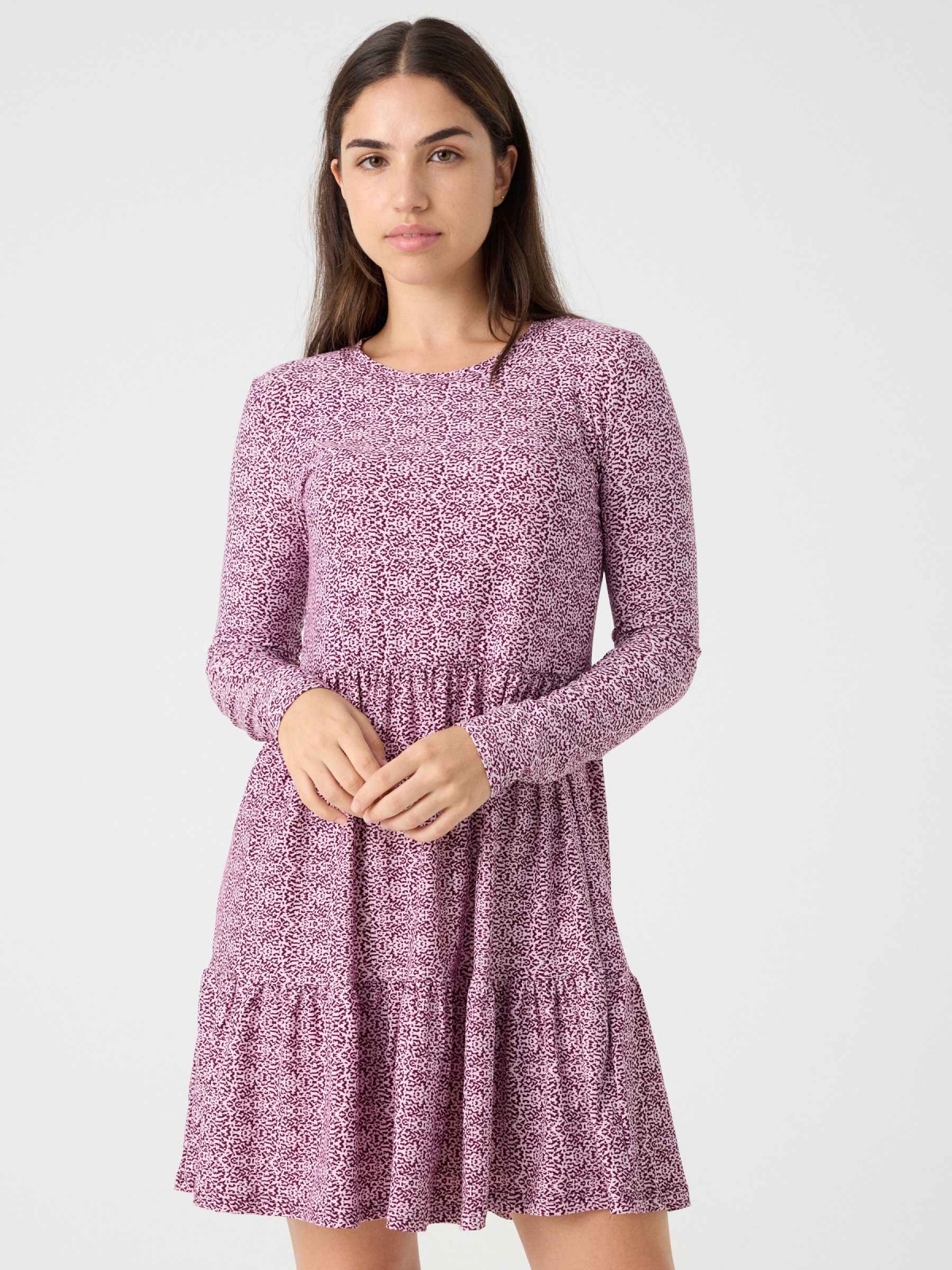 Printed dress with ruffle lilac middle front view