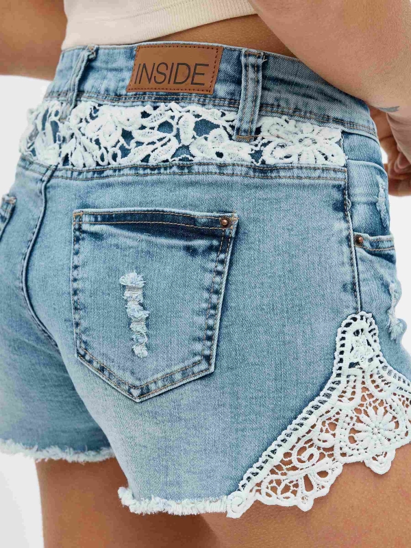 Crochet distressed denim shorts blue detail view