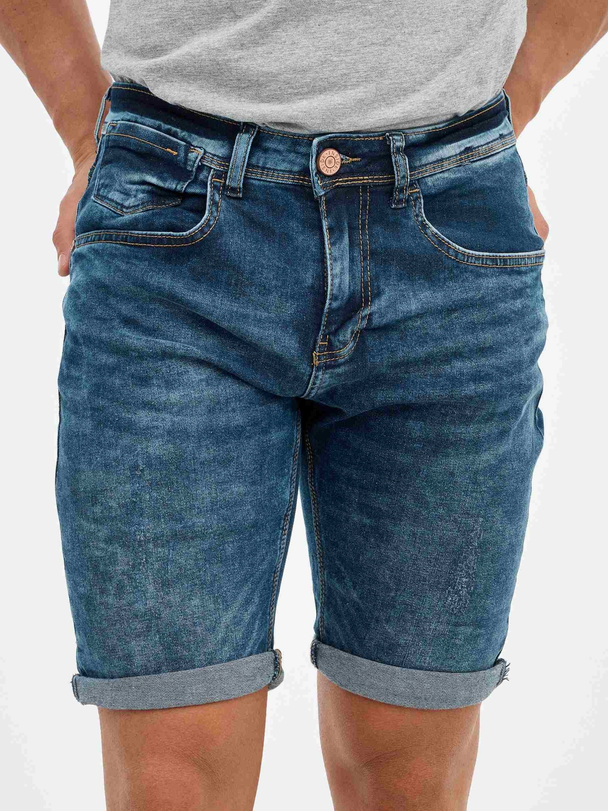 Distressed blue denim bermuda shorts blue detail view