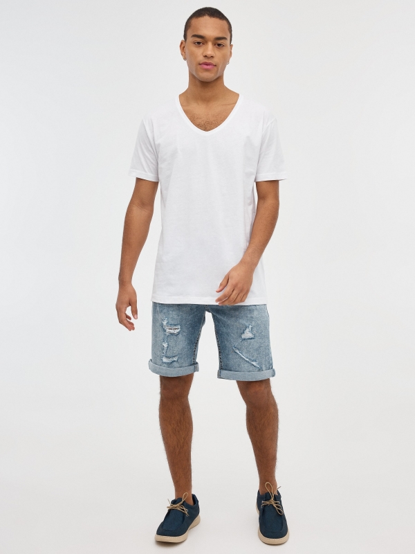 Bermuda Skinny Denim Bermuda shorts worn out blue front view