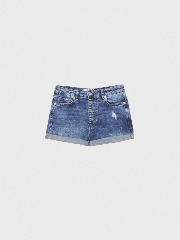  Short denim rasgado com botões azul escuro