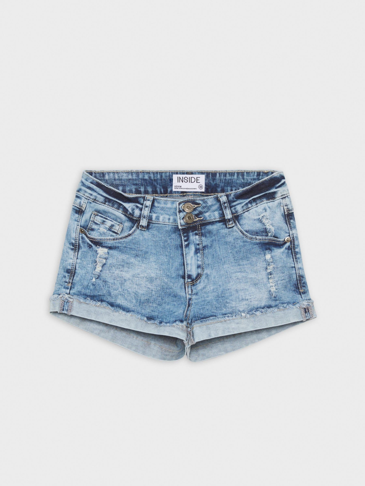  Shorts denim com efeito lavado rasgado azul