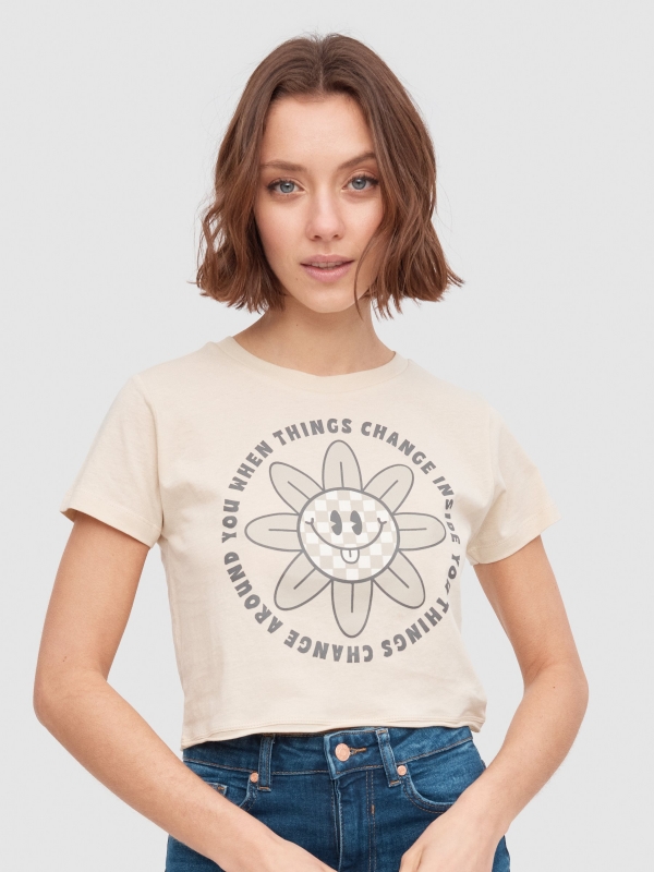 T-shirt crop Smile areia vista meia frontal