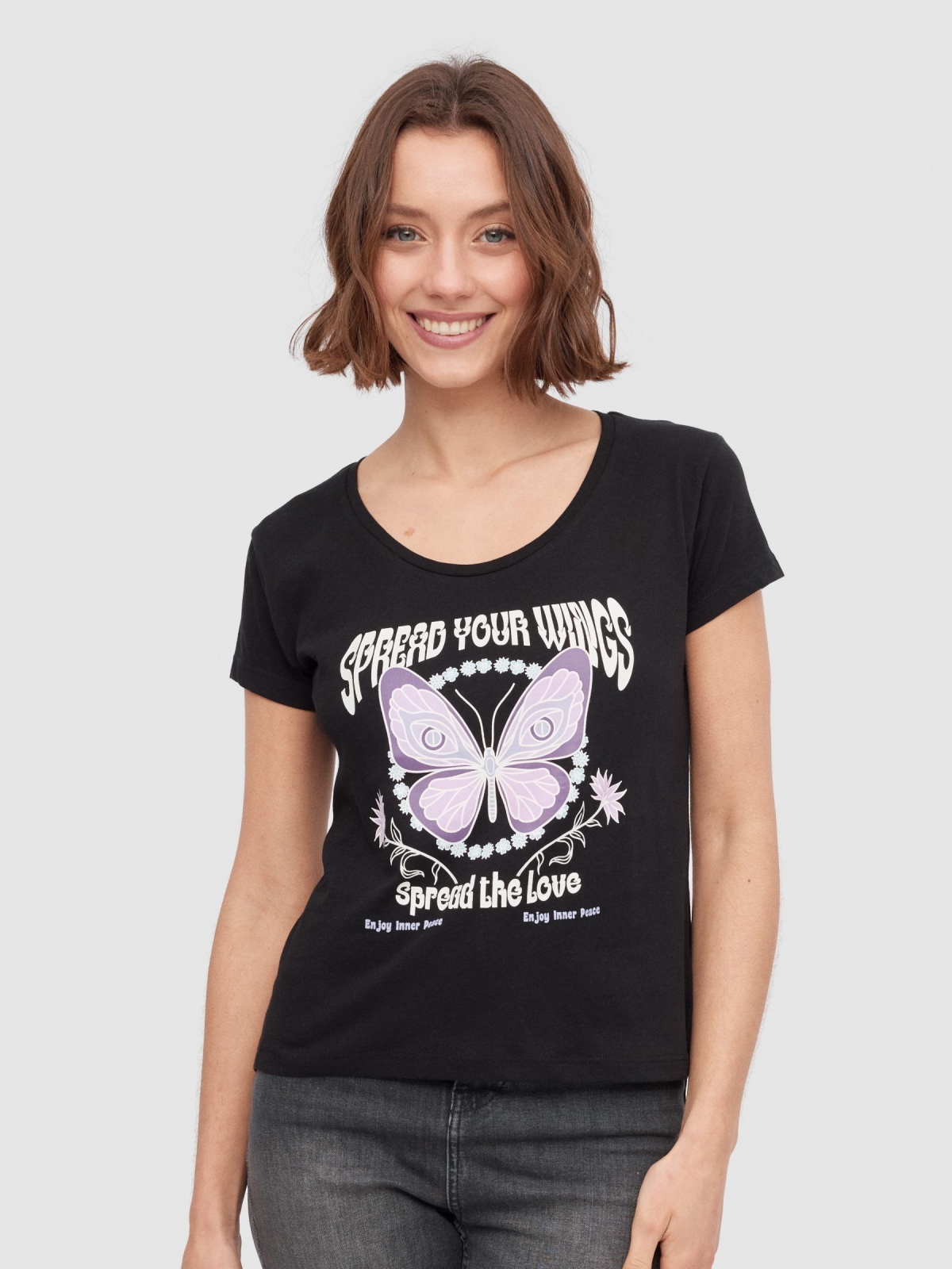 Butterfly crop top black middle front view