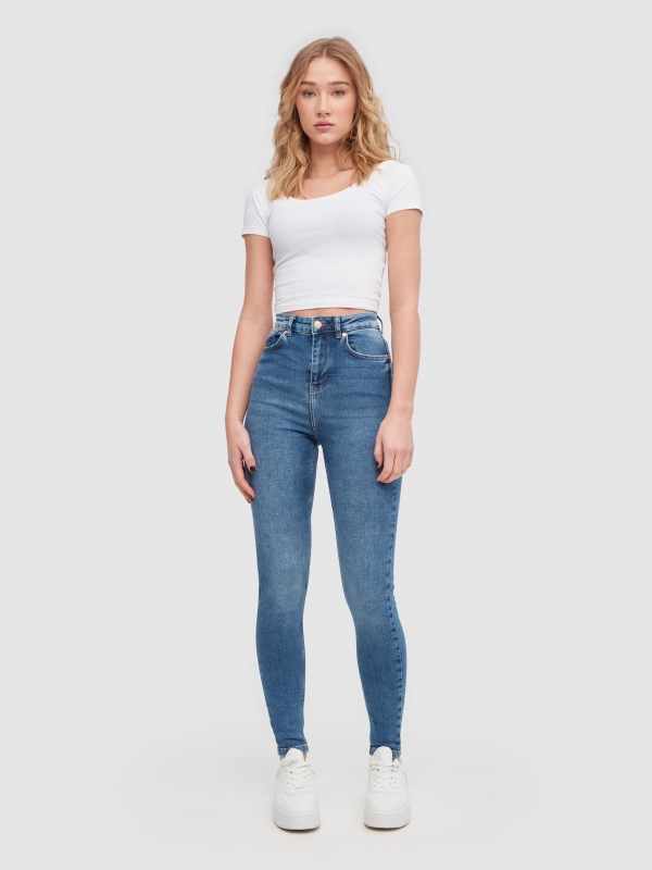 Jeans skinny tiro medio azul escuro vista geral frontal