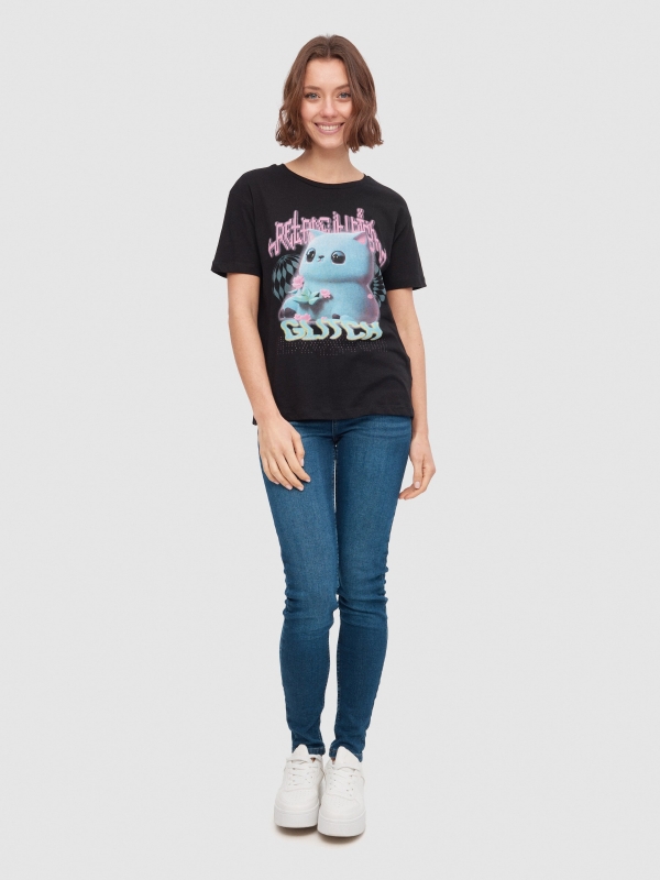 Oversize 3D cat t-shirt black front view