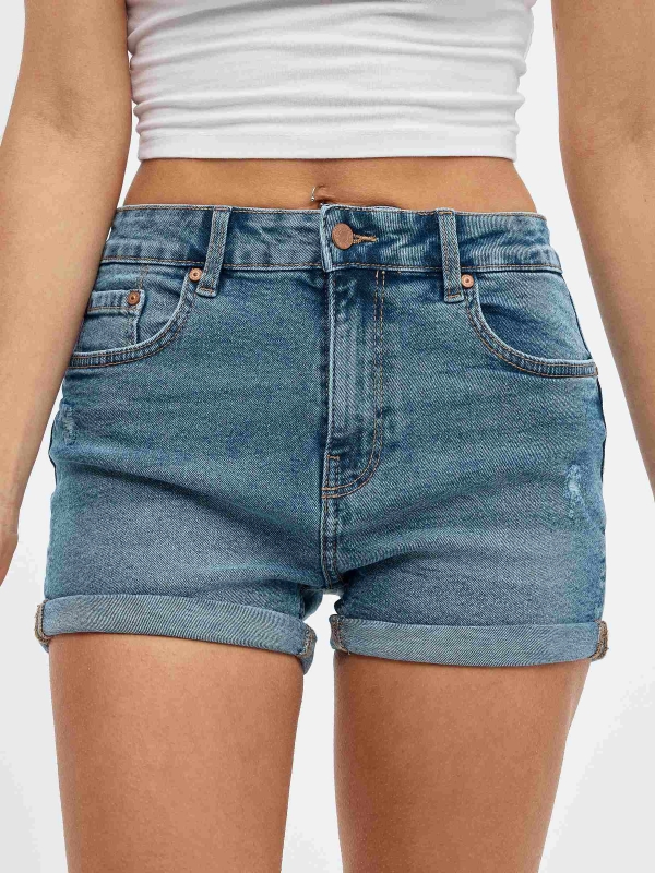 Short denim cintura alta azul vista detalhe