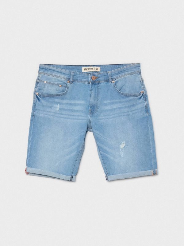  Bermuda denim com efeito lavado rasgado azul