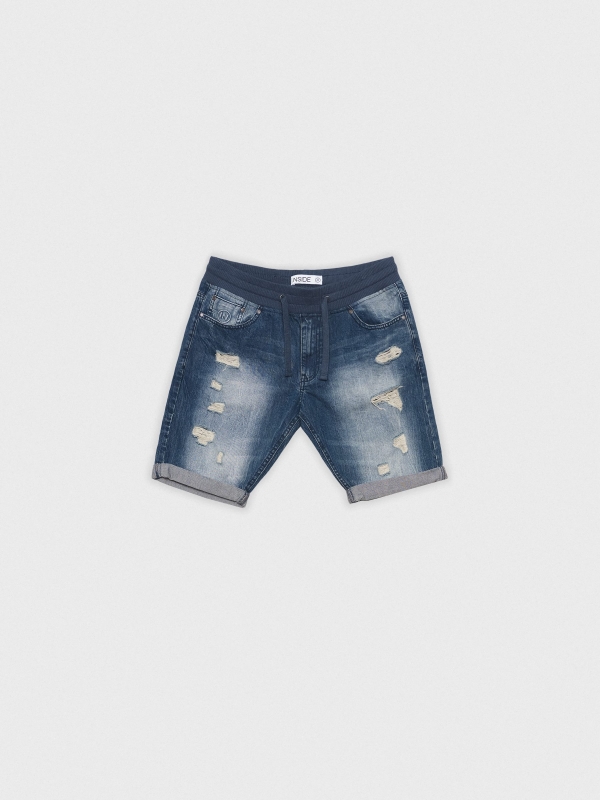  Ripped denim shorts elastic waist blue