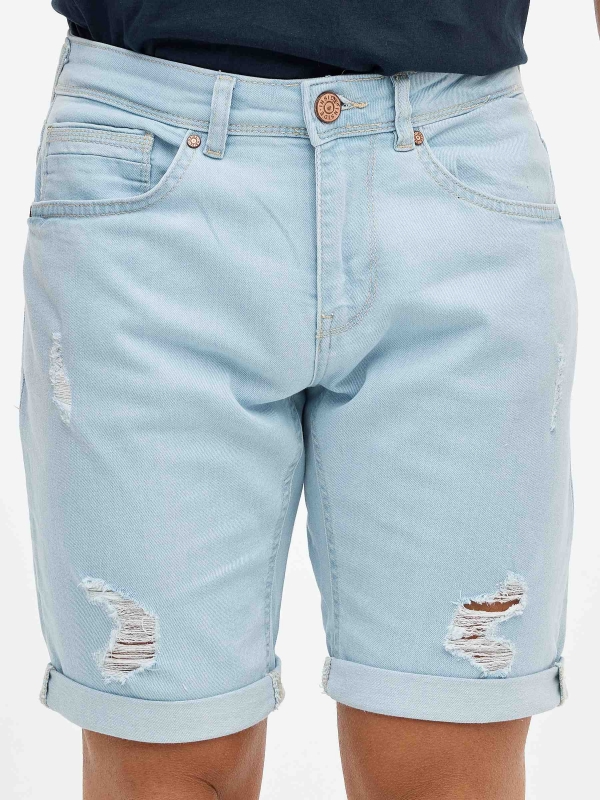 Ripped washed blue denim shorts blue detail view