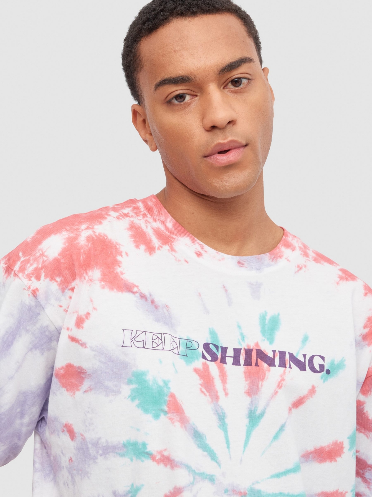 Multicoloured tie dye t-shirt white detail view