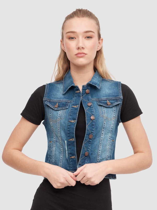 Washed denim vest blue middle front view