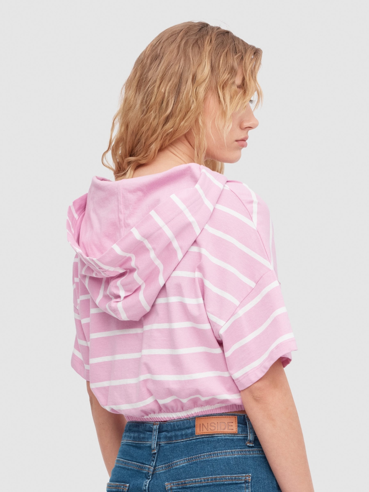 Striped hooded t-shirt magenta middle back view