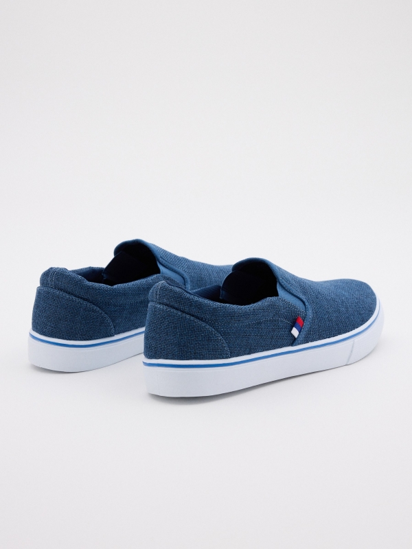 Elastic blue canvas shoes blue 45º back view