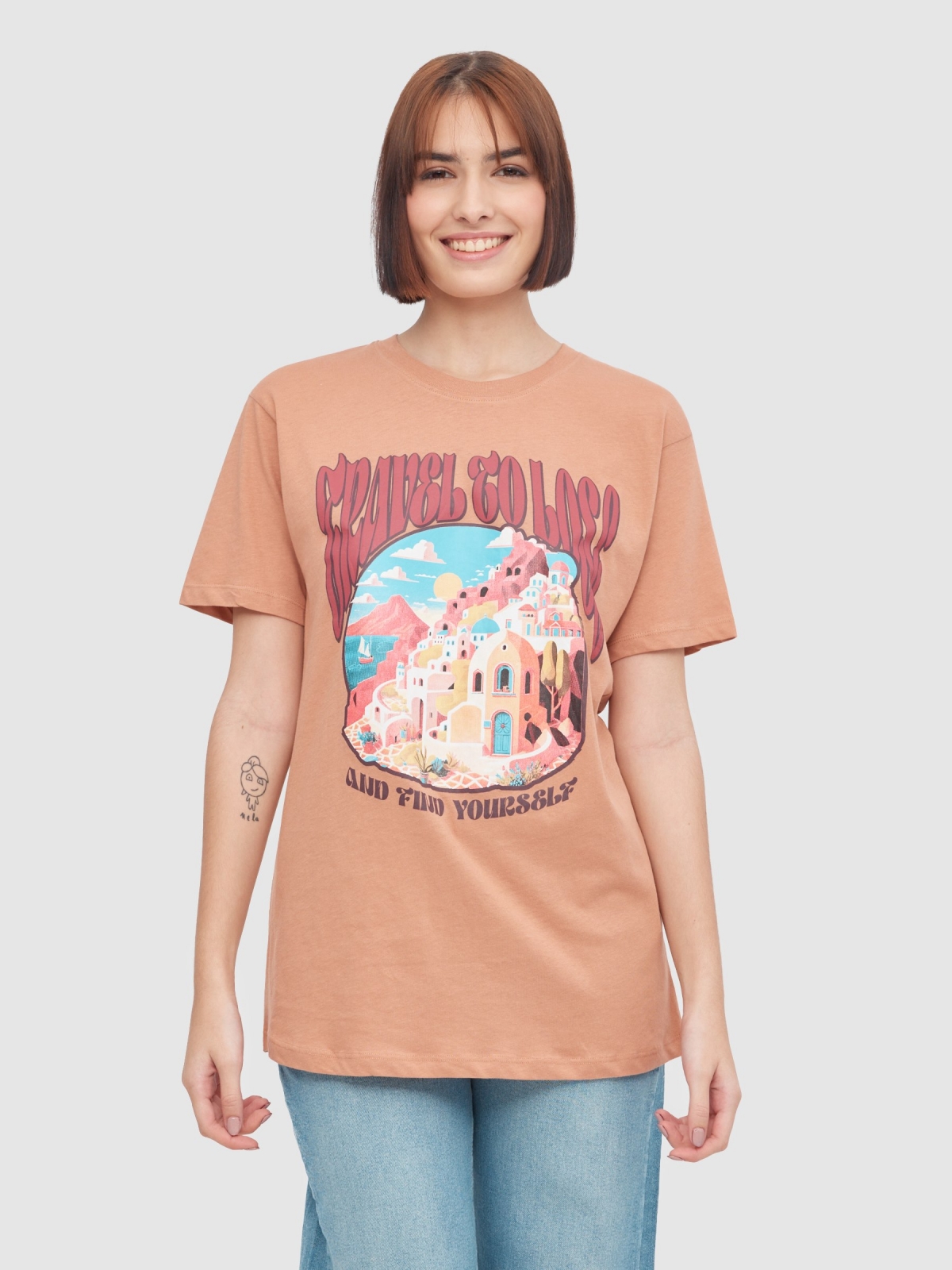 T-shirt de viagem marrom claro vista meia frontal