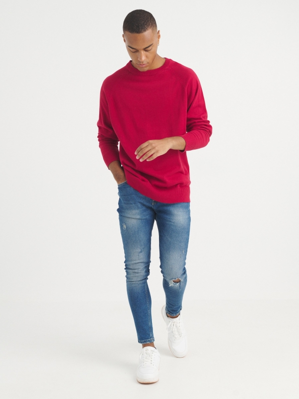 Plain sweater round neck red general front view