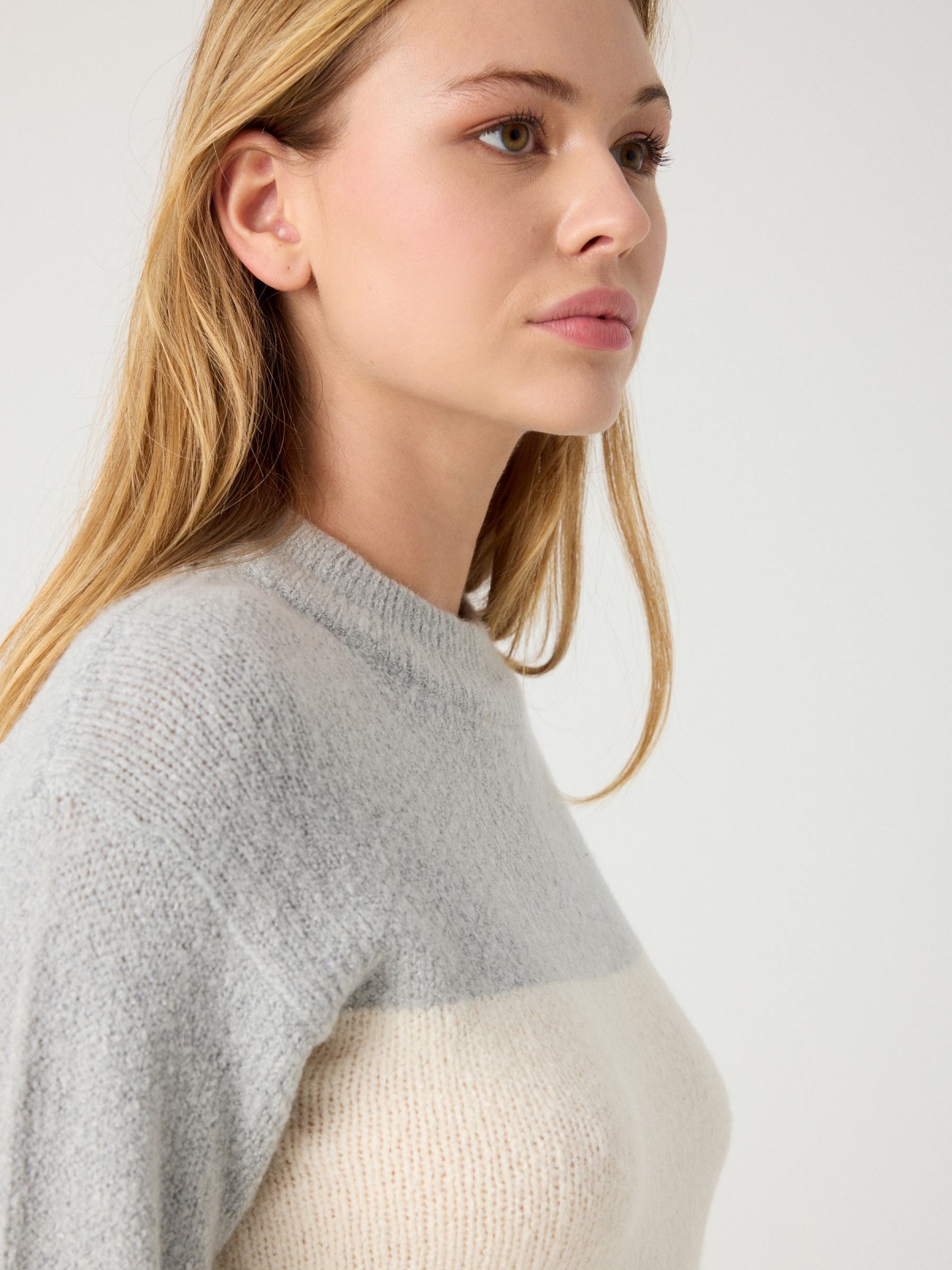 Colorblock crew neck sweater grey detail view