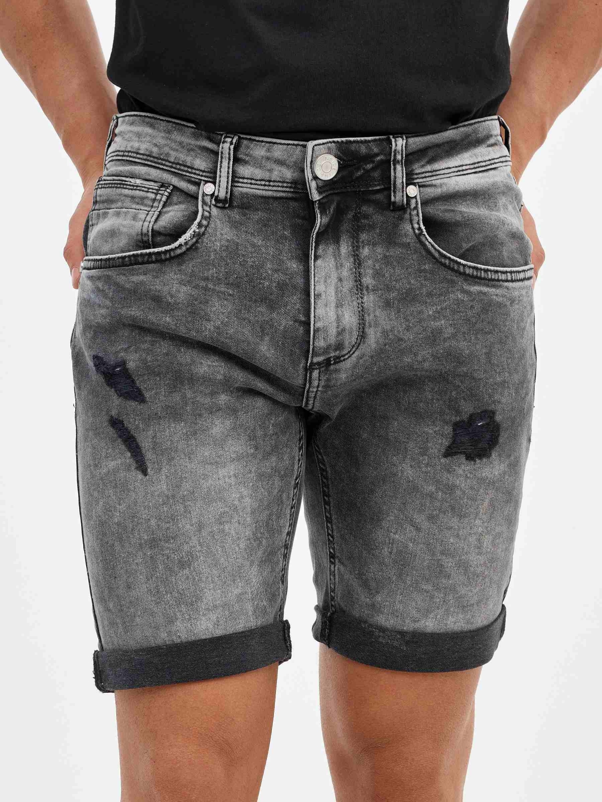 Slim bermuda short ripped wash effect black detail view