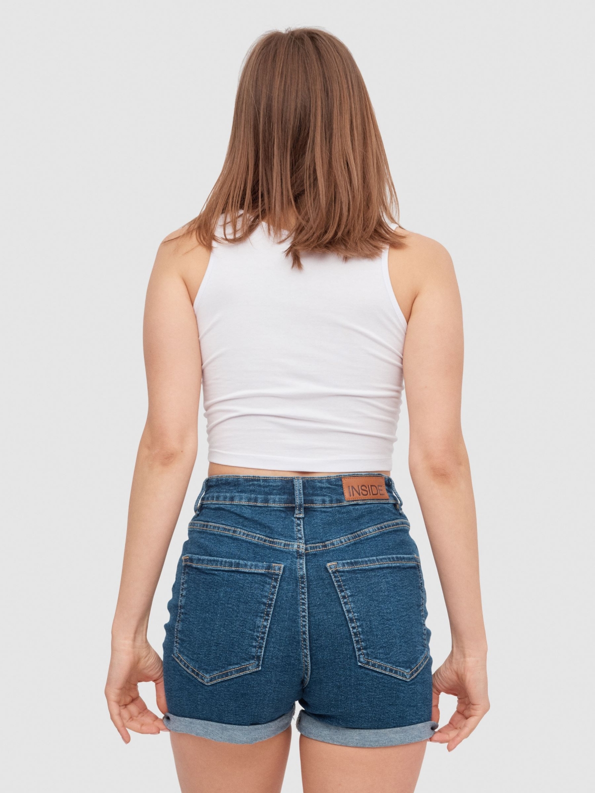 Shorts mom slim denim dark blue middle back view