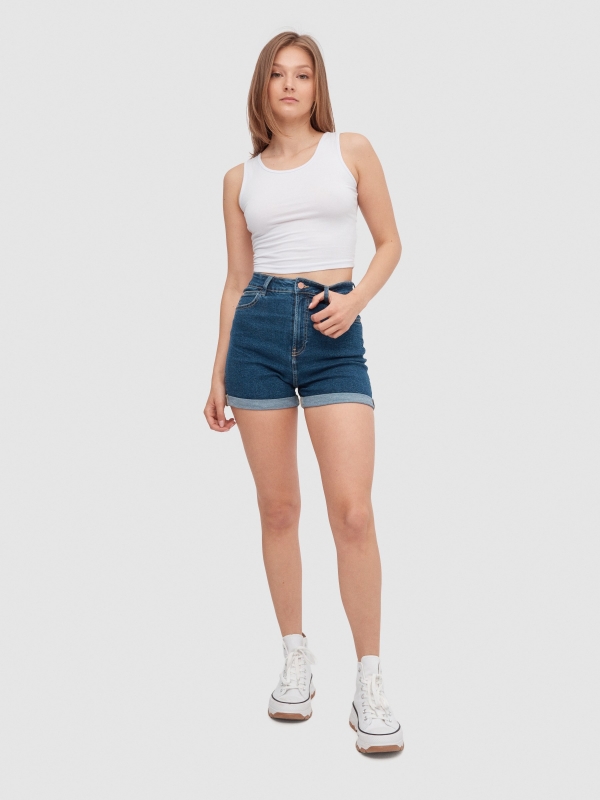 Shorts mom slim denim dark blue front view