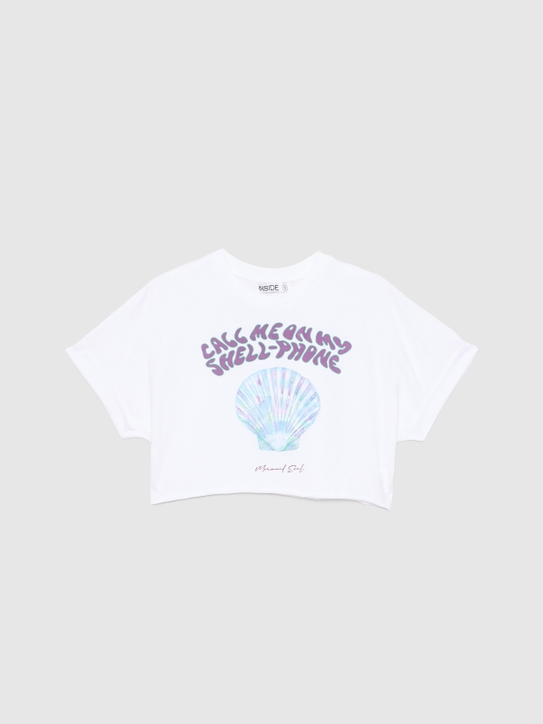  T-shirt crop Shell Phone branco