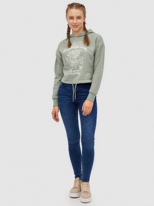 Sweatshirt crop com estampado verde acinzentado vista geral frontal