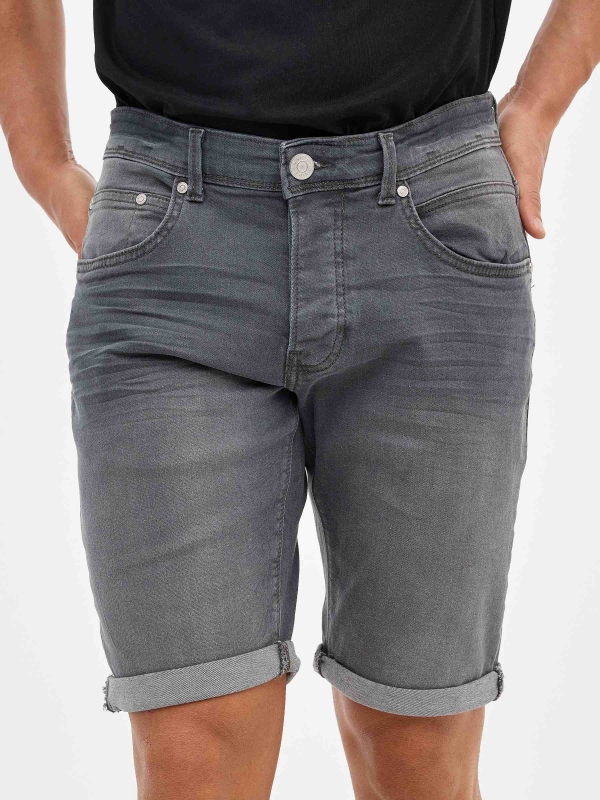 Washed gray denim bermuda shorts dark grey detail view