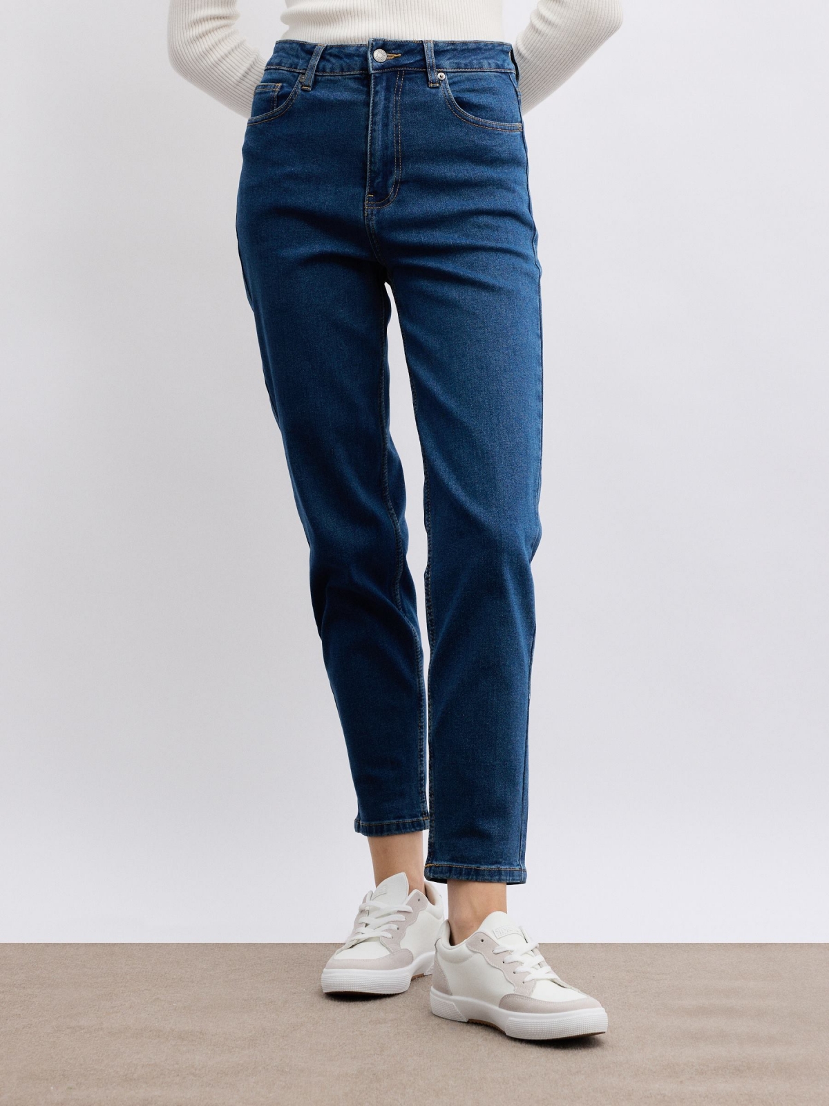 Mom slim denim light jeans dark blue middle front view