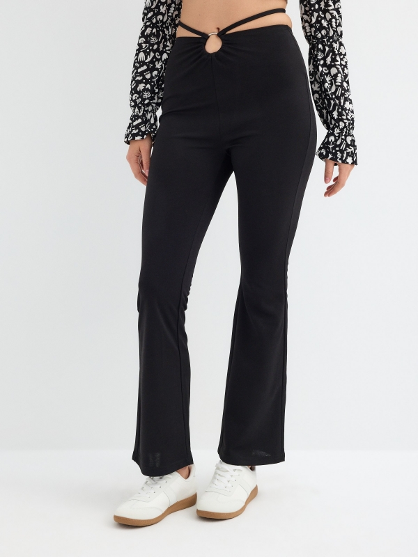 Flared pants with tie waist black middle front view