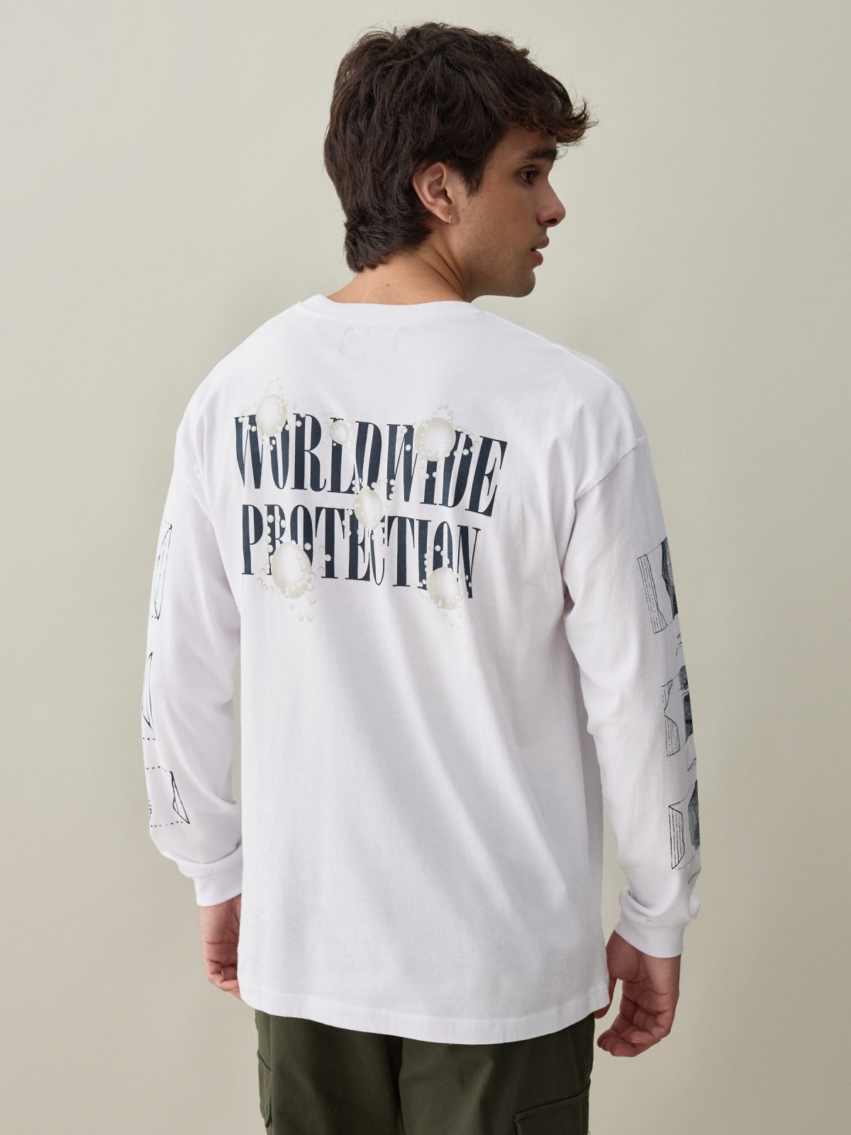 Illustrated long sleeve t-shirt white middle back view