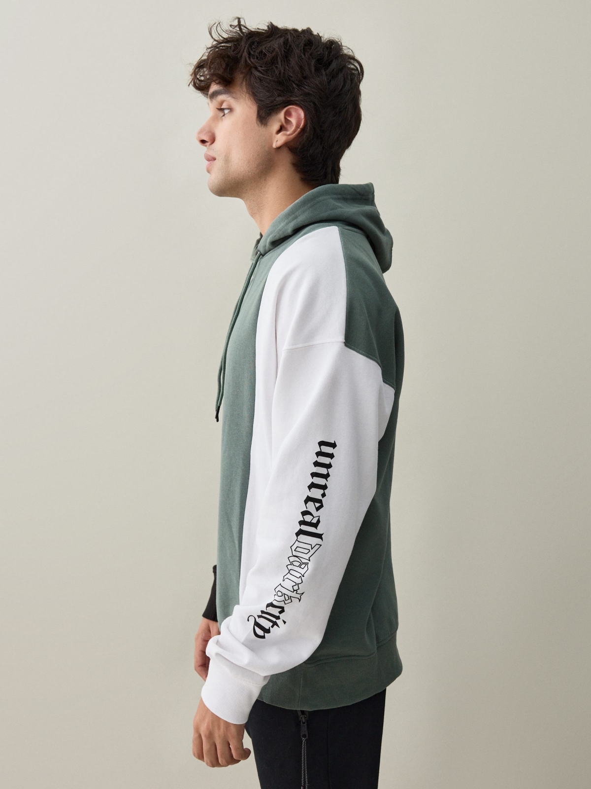 Tricolor sweatshirt with text greyish green detail view