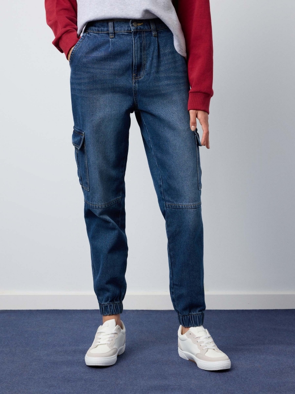 Denim cargo mom jeans blue middle front view