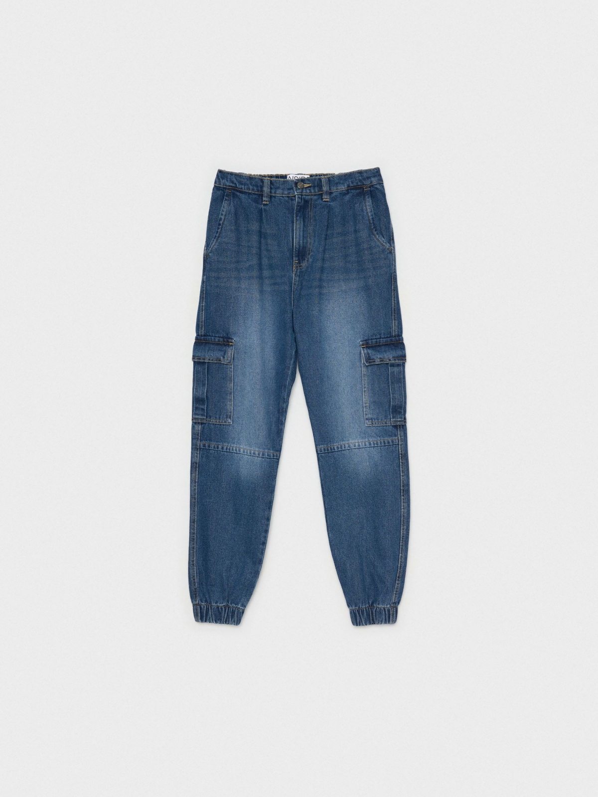 Jeans mom cargo denim azul vista detalhe