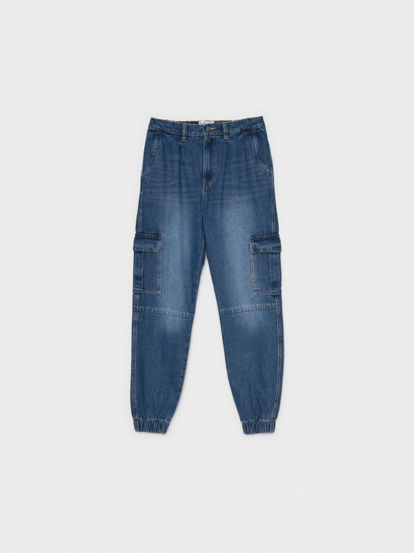 Jeans mom cargo denim azul vista detalhe