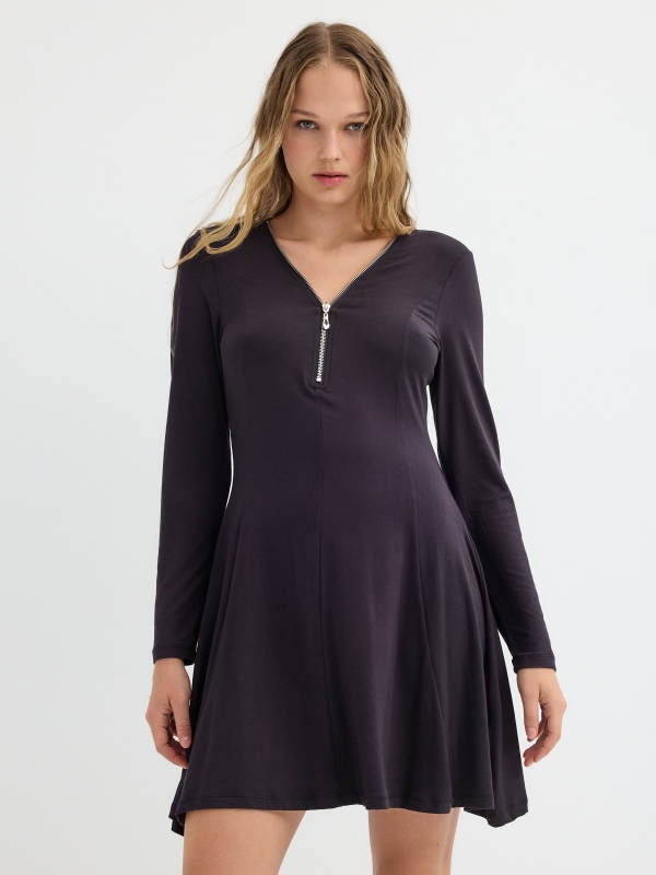 Mini dress with zipper neckline black middle front view