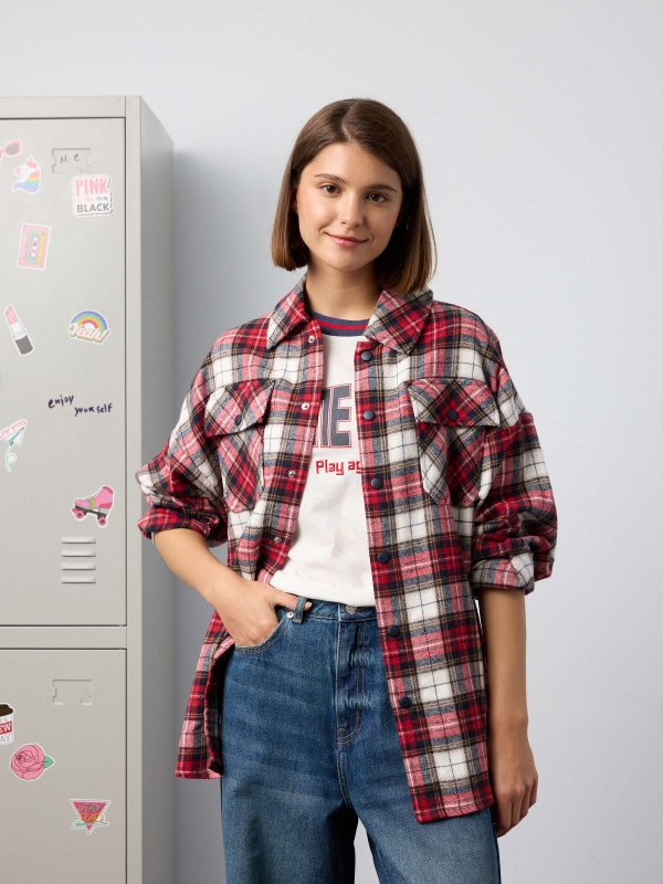 Oversized plaid overshirt red middle front view