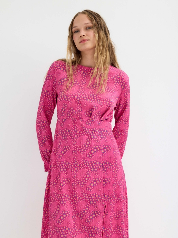 Midi flare dress with slit fuchsia front view