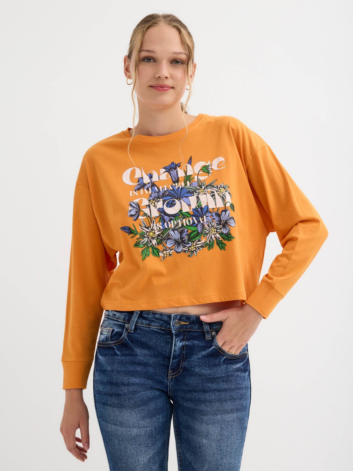 Crop top Change Grown laranja caldera vista meia frontal