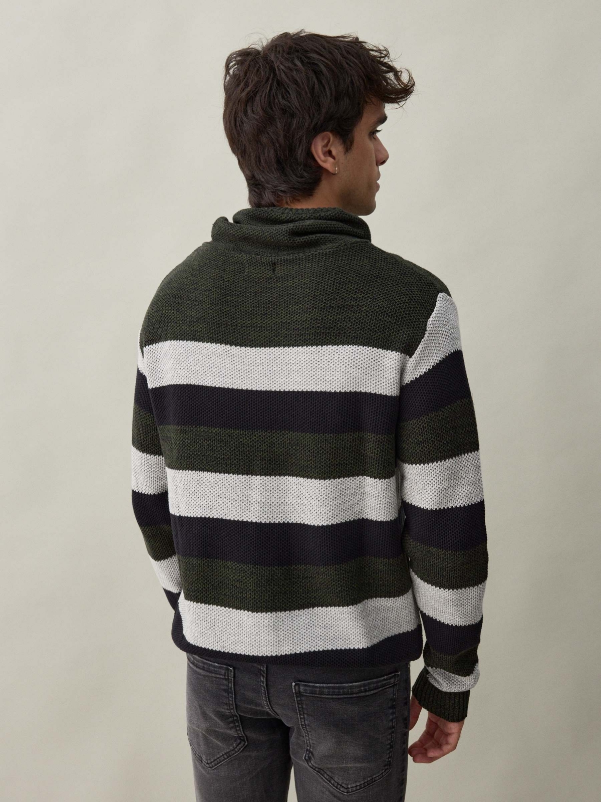 Striped jumper with hood dark green middle back view