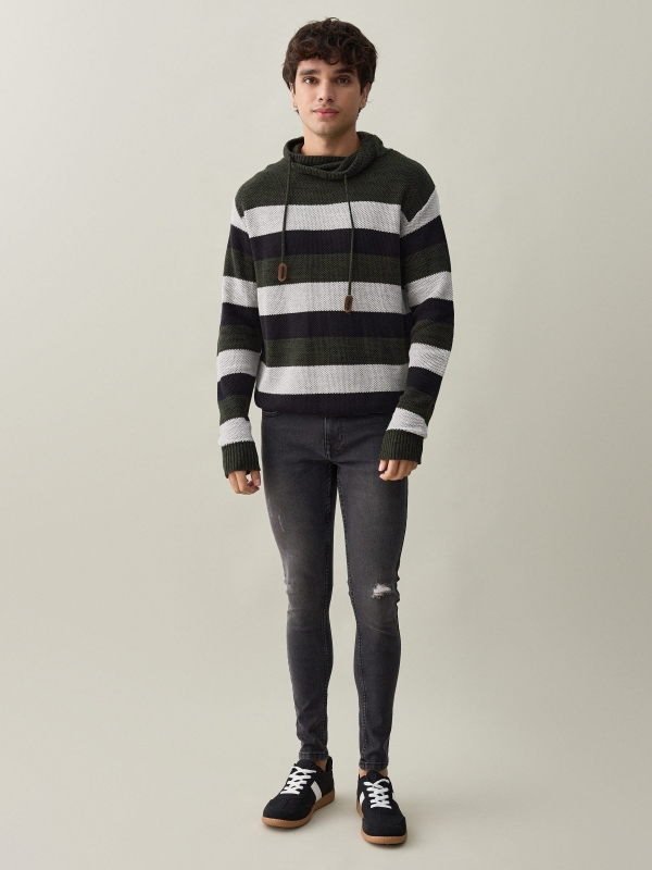 Striped jumper with hood dark green front view