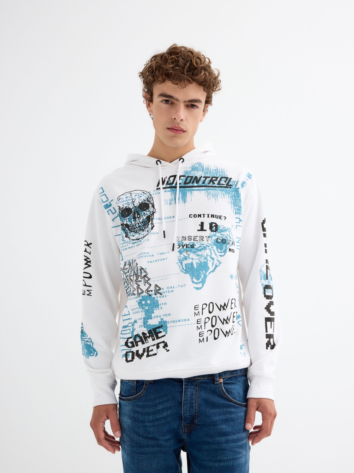 Sweatshirt com capuz estampado branco vista meia frontal