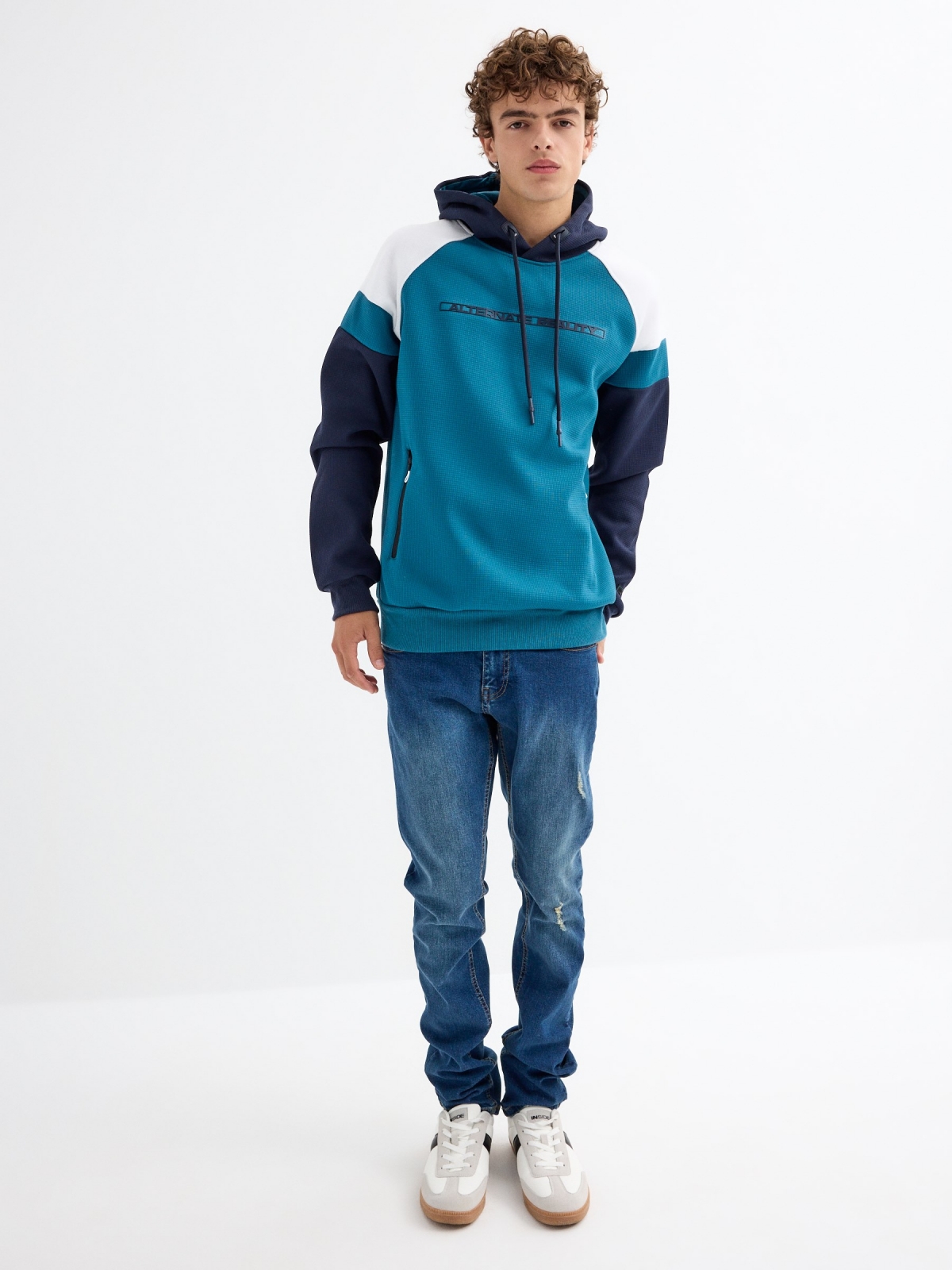 Color block text hoodie blue front view