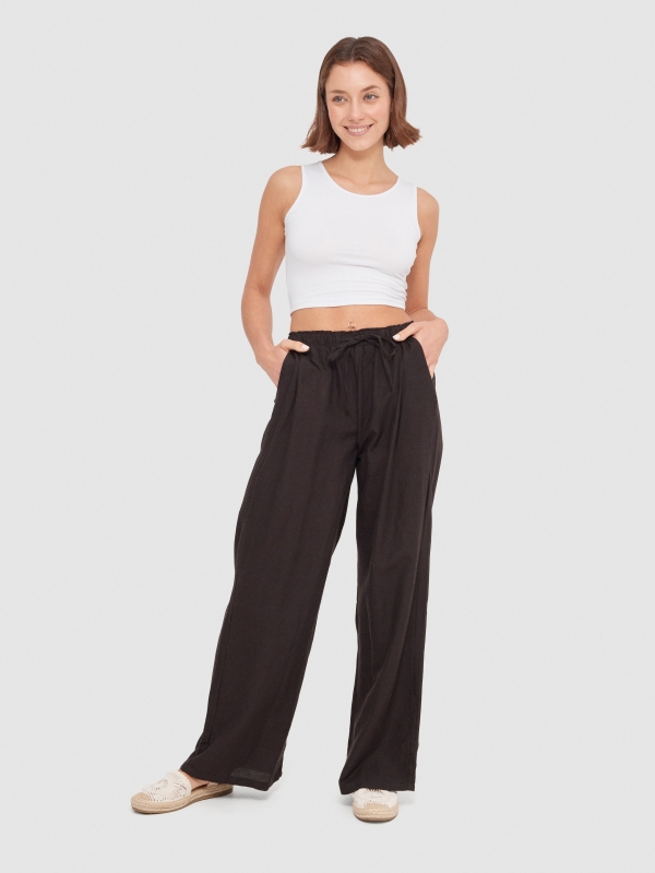 Pantalón wide-leg lino negro vista general frontal