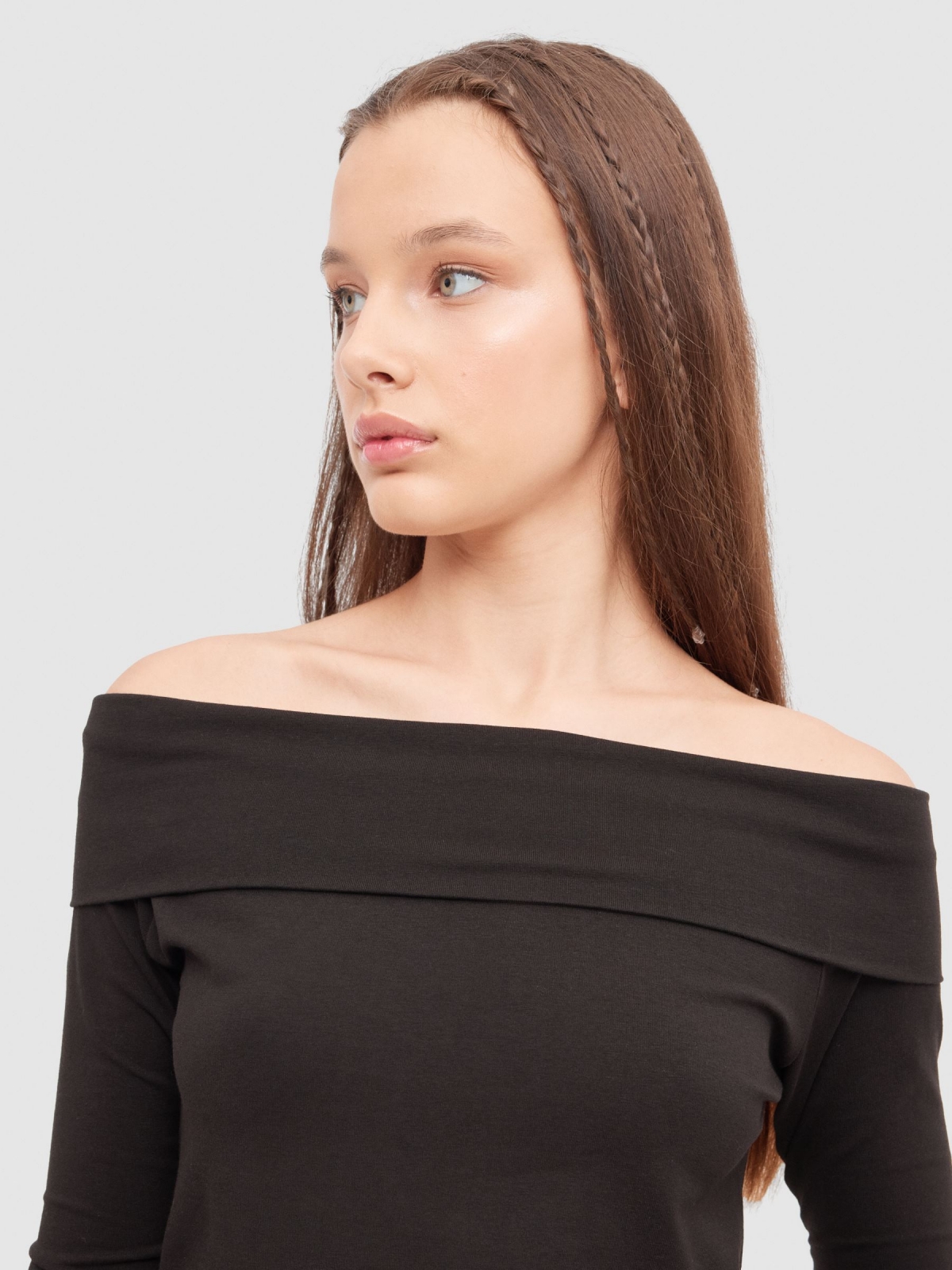 Long sleeve black t-shirt with bardot neckline black detail view