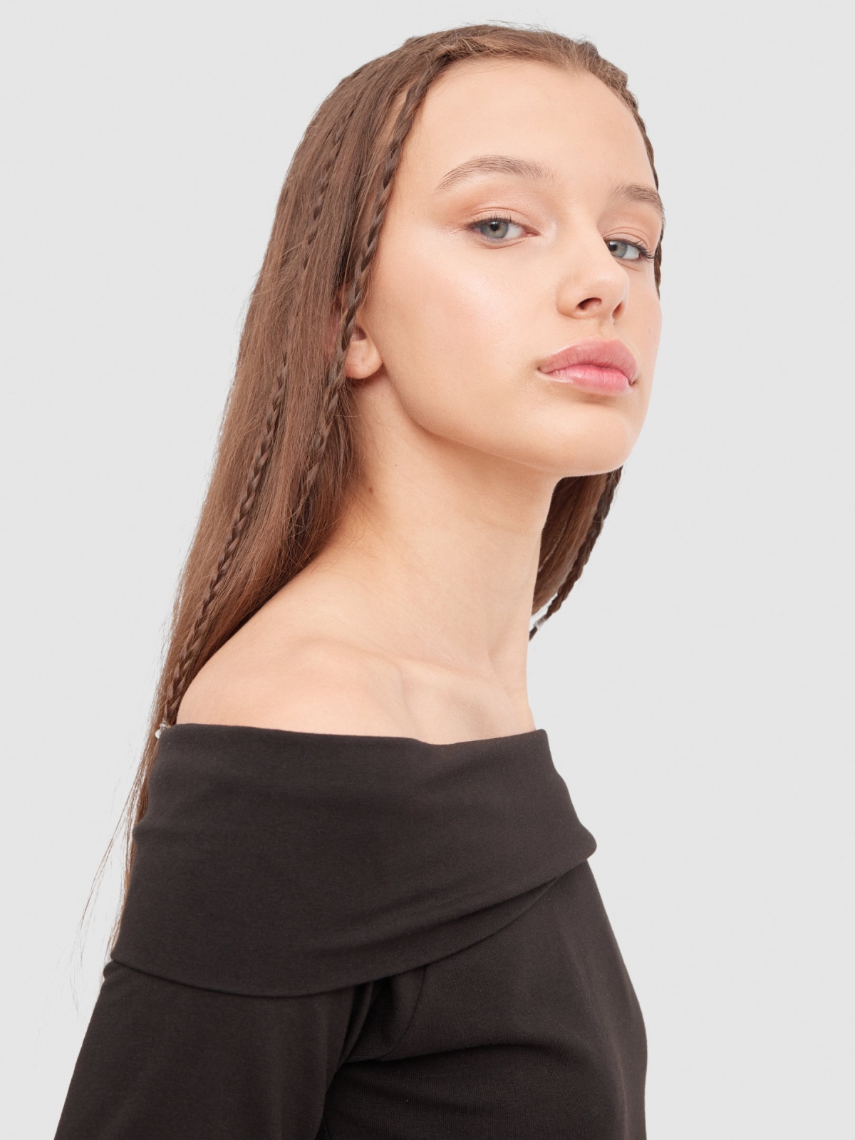 Long sleeve black t-shirt with bardot neckline black detail view