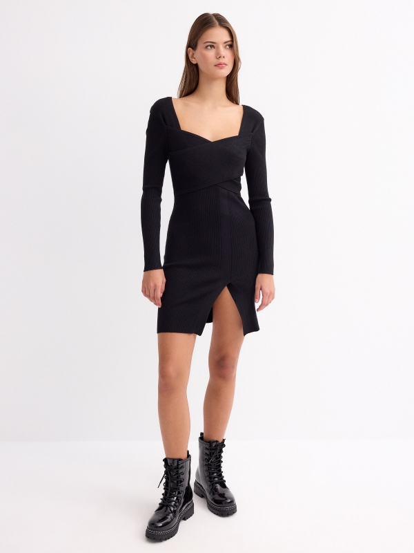 Midi rib cross neckline dress black front view