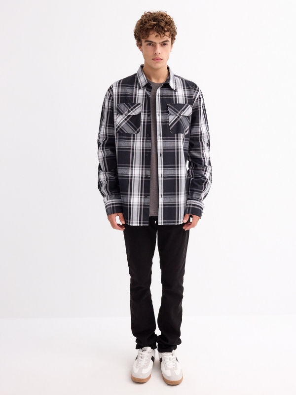 Plush plaid shirt black front view