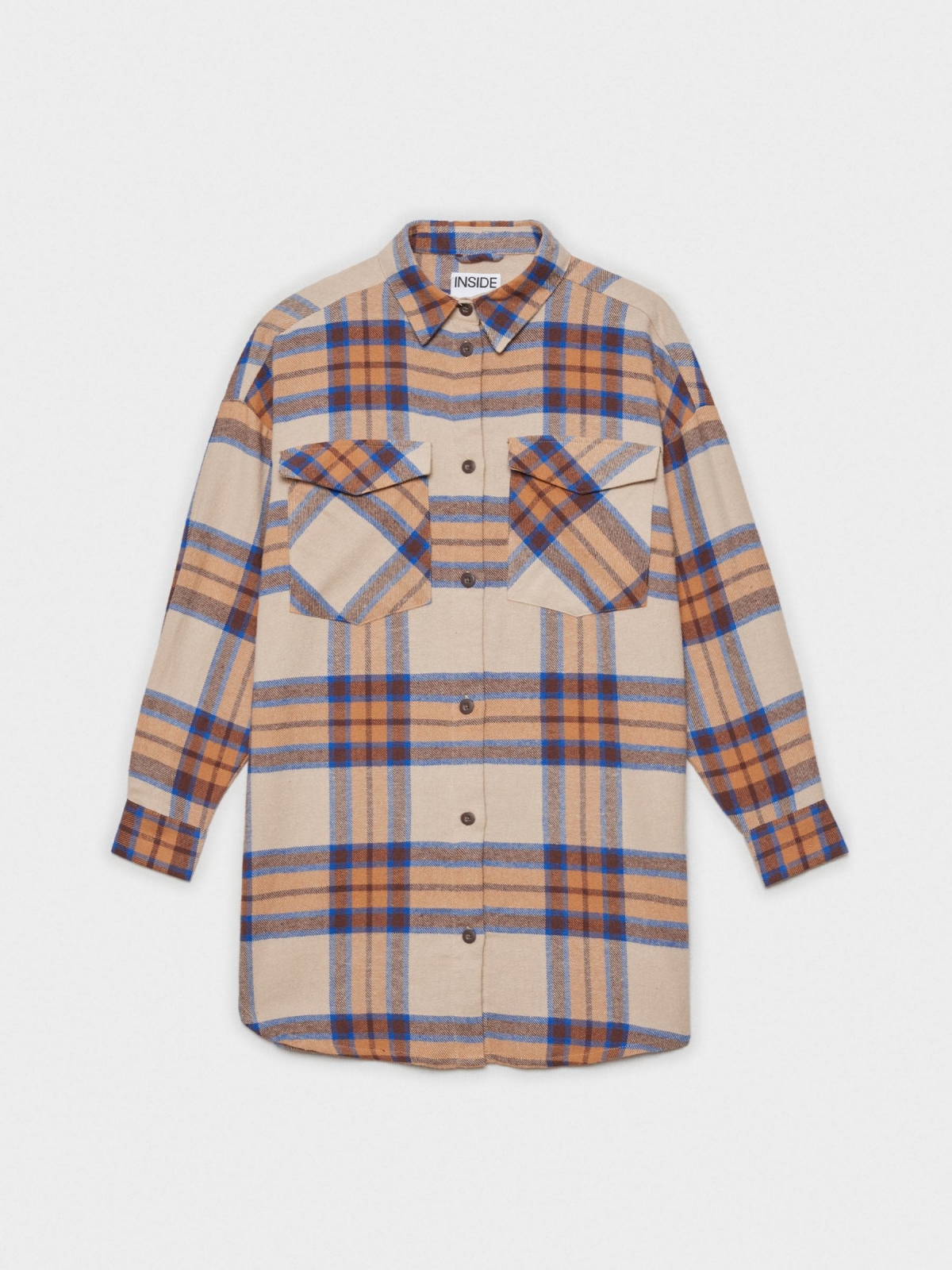 Camel and blue plaid overshirt beige detail view